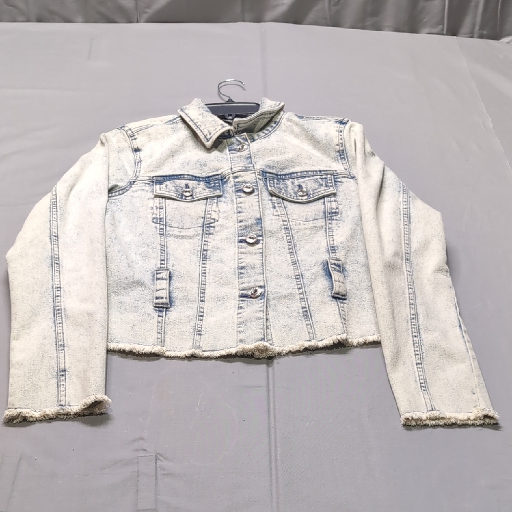 Rock & Republic Womens Acid Wash Denim Trucker Jacket Raw Hem Blue Medium
